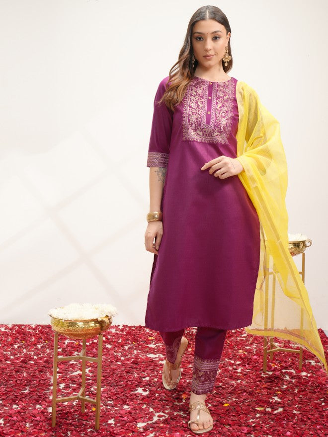 Vishudh Women Magenta Printed Kurta With Trouser And Dupatta - Magenta - Image 1