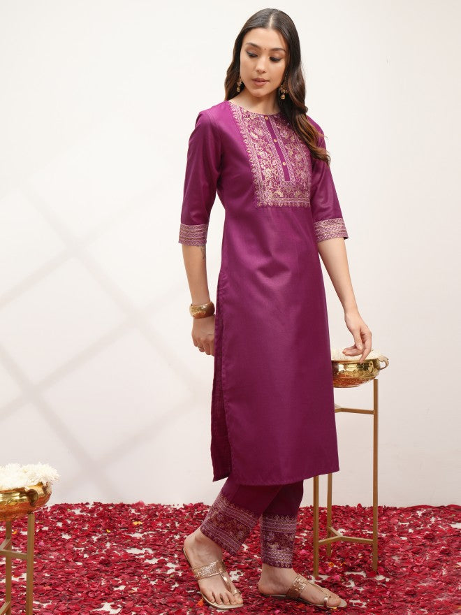 Vishudh Women Magenta Printed Kurta With Trouser And Dupatta - Magenta - Image 4