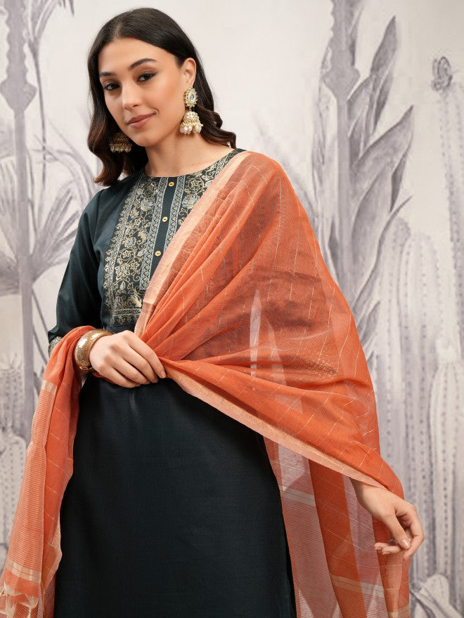 Vishudh Women Green Printed Kurta With Trouser And Dupatta - Green - Image 1