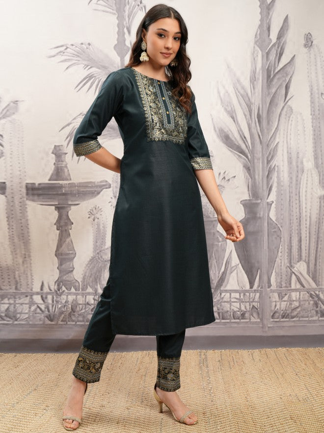 Vishudh Women Green Printed Kurta With Trouser And Dupatta - Green - Image 6