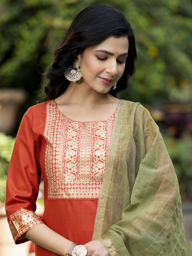 Vishudh Women Terracotta Printed Kurta With Palazzo And Dupatta - Terracotta - Image 2