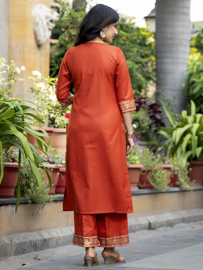 Vishudh Women Terracotta Printed Kurta With Palazzo And Dupatta - Terracotta - Image 3