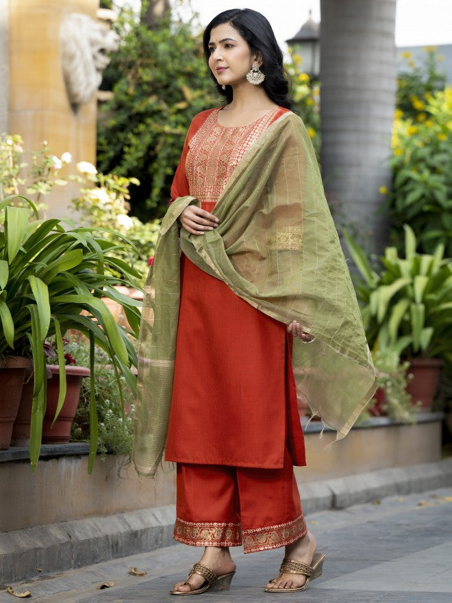 Vishudh Women Terracotta Printed Kurta With Palazzo And Dupatta - Terracotta - Image 4