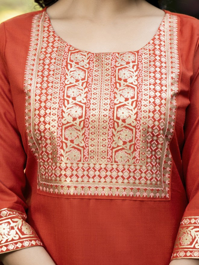 Vishudh Women Terracotta Printed Kurta With Palazzo And Dupatta - Terracotta - Image 5