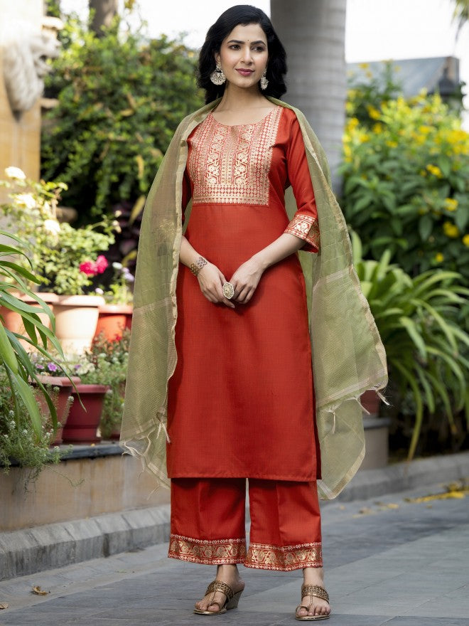 Vishudh Women Terracotta Printed Kurta With Palazzo And Dupatta - Terracotta - Image 6