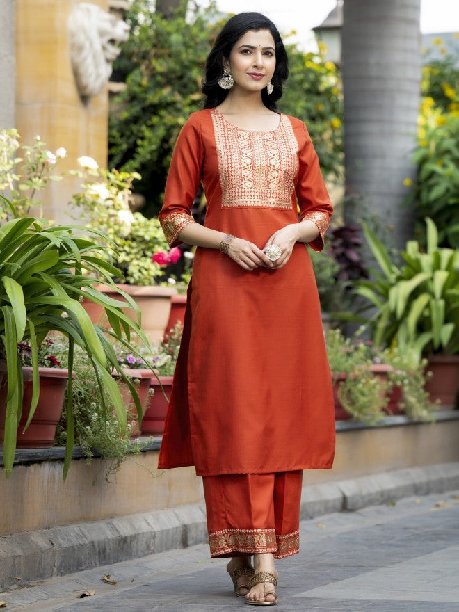 Vishudh Women Terracotta Printed Kurta With Palazzo And Dupatta - Terracotta - Image 8