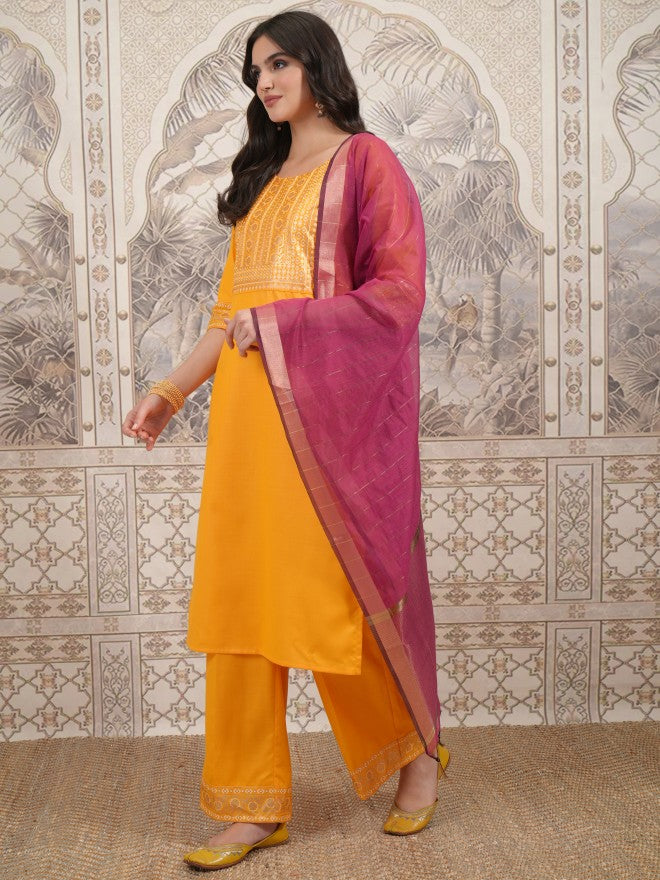 Vishudh Women Yellow Printed Kurta With Palazzo And Dupatta - Yellow - Image 2