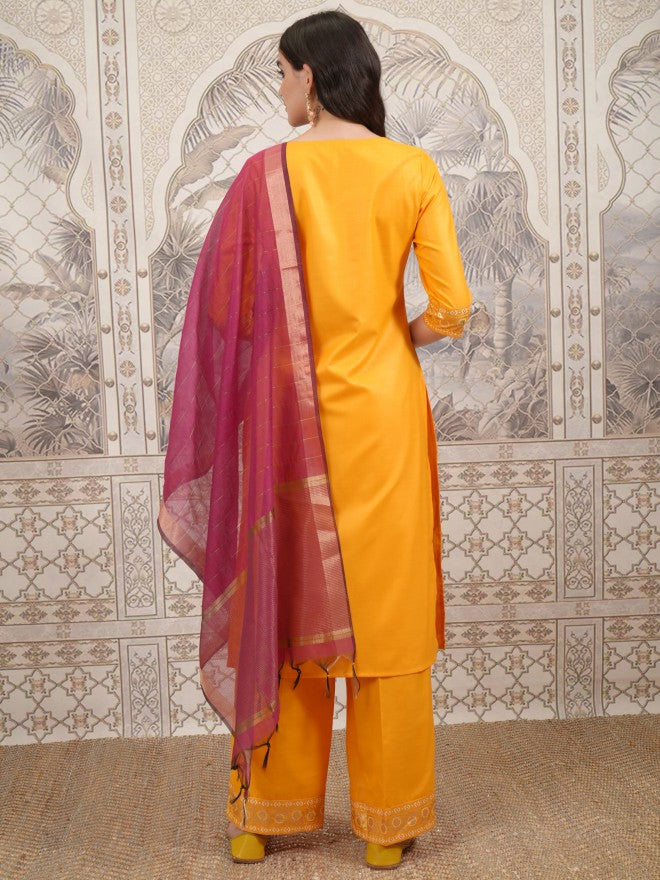 Vishudh Women Yellow Printed Kurta With Palazzo And Dupatta - Yellow - Image 3