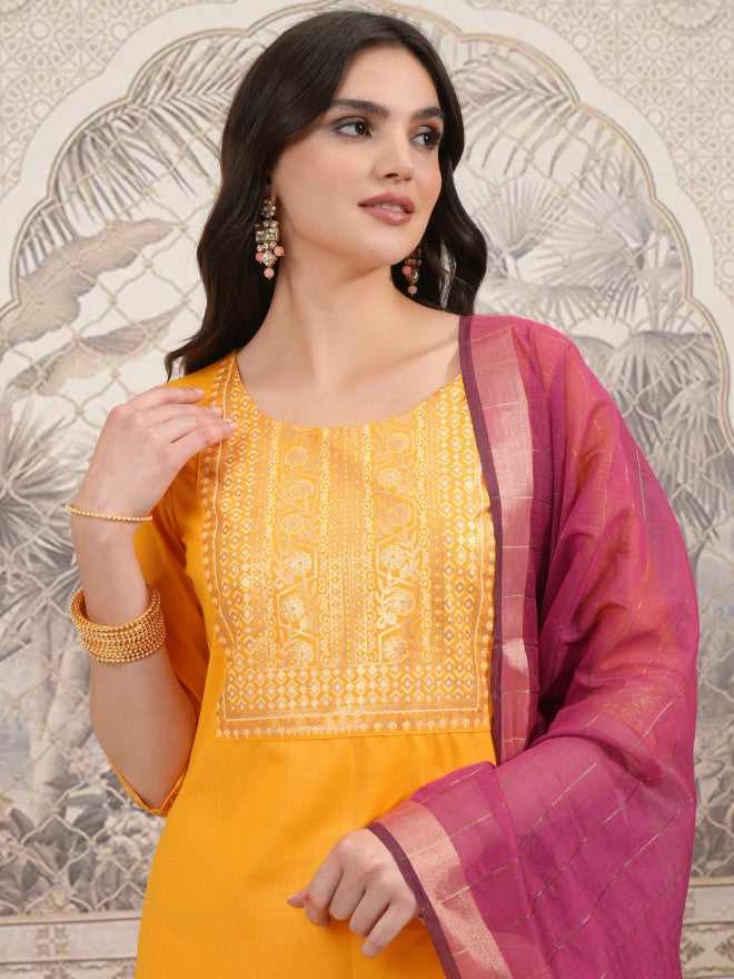 Vishudh Women Yellow Printed Kurta With Palazzo And Dupatta - Yellow - Image 8