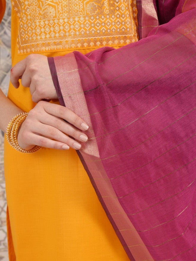Vishudh Women Yellow Printed Kurta With Palazzo And Dupatta - Yellow - Image 9