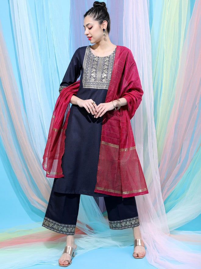 Vishudh Women Navy Blue Printed Kurta With Palazzo And Dupatta - Navy Blue - Image 1