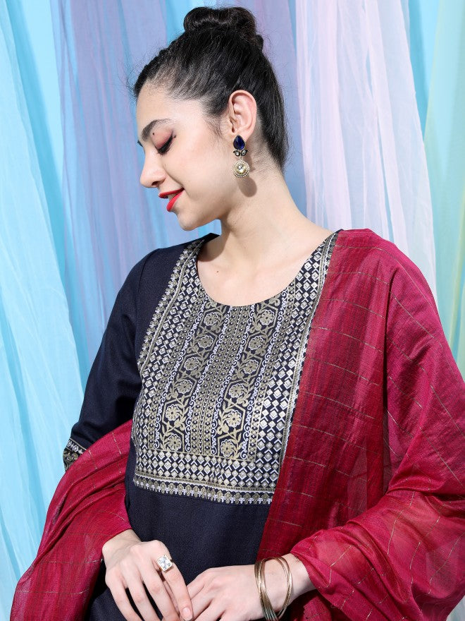 Vishudh Women Navy Blue Printed Kurta With Palazzo And Dupatta - Navy Blue - Image 2