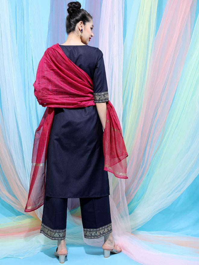 Vishudh Women Navy Blue Printed Kurta With Palazzo And Dupatta - Navy Blue - Image 3