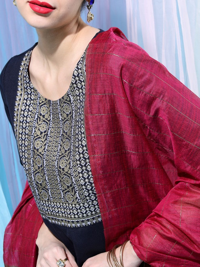 Vishudh Women Navy Blue Printed Kurta With Palazzo And Dupatta - Navy Blue - Image 4