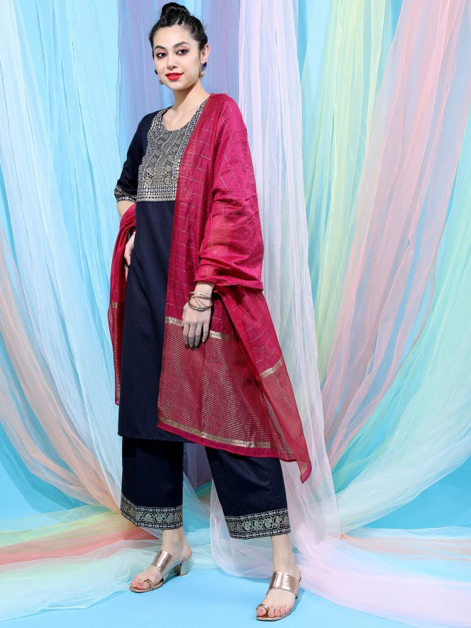 Vishudh Women Navy Blue Printed Kurta With Palazzo And Dupatta - Navy Blue - Image 5
