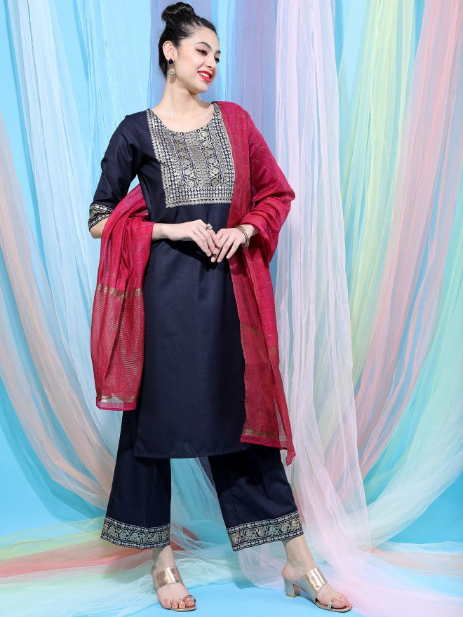 Vishudh Women Navy Blue Printed Kurta With Palazzo And Dupatta - Navy Blue - Image 6