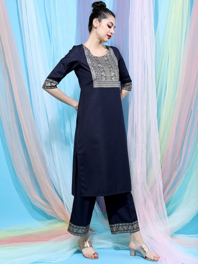 Vishudh Women Navy Blue Printed Kurta With Palazzo And Dupatta - Navy Blue - Image 9
