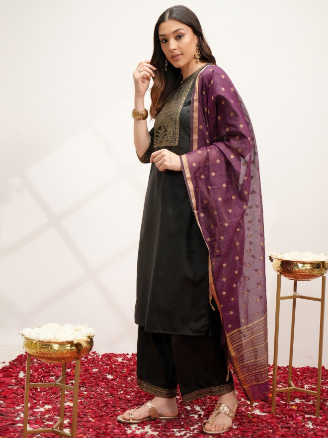 Vishudh Women Black Printed Kurta With Palazzos And Dupatta - Black - Image 2
