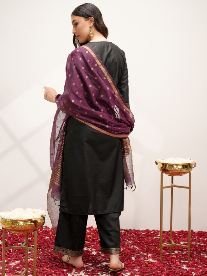 Vishudh Women Black Printed Kurta With Palazzos And Dupatta - Black - Image 3