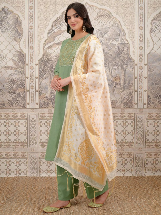 Vishudh Women Green Embroidered Kurta With Palazzo And Dupatta - Green - Image 2