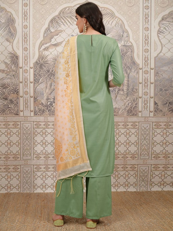 Vishudh Women Green Embroidered Kurta With Palazzo And Dupatta - Green - Image 3