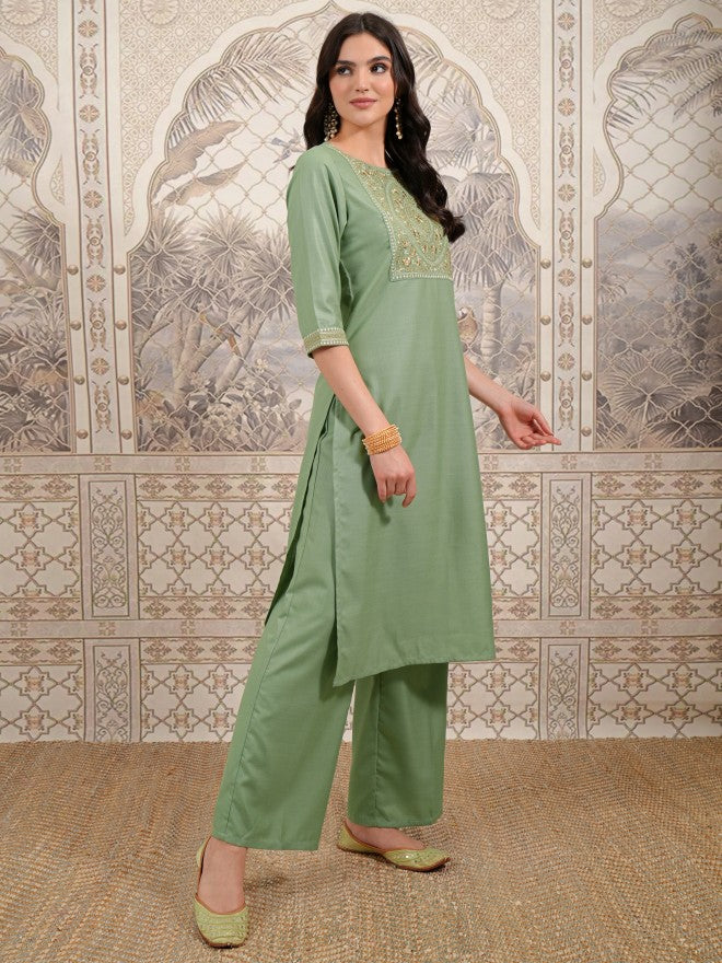 Vishudh Women Green Embroidered Kurta With Palazzo And Dupatta - Green - Image 4