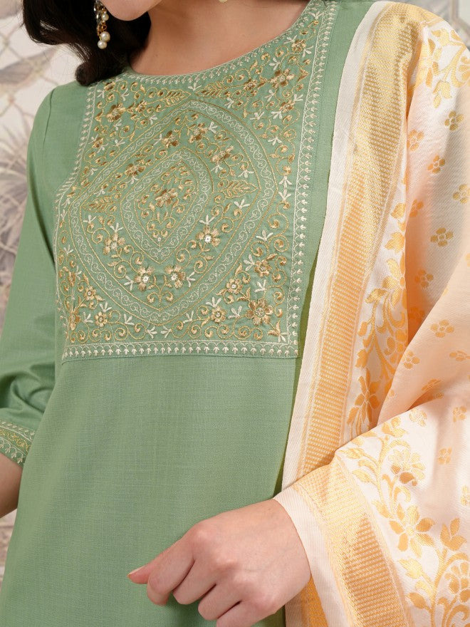 Vishudh Women Green Embroidered Kurta With Palazzo And Dupatta - Green - Image 5