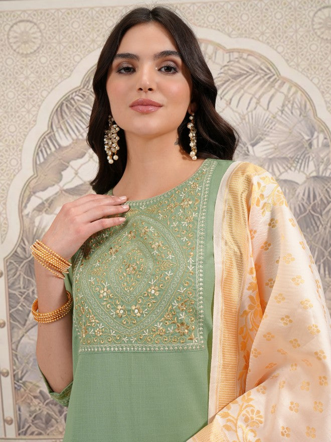 Vishudh Women Green Embroidered Kurta With Palazzo And Dupatta - Green - Image 8