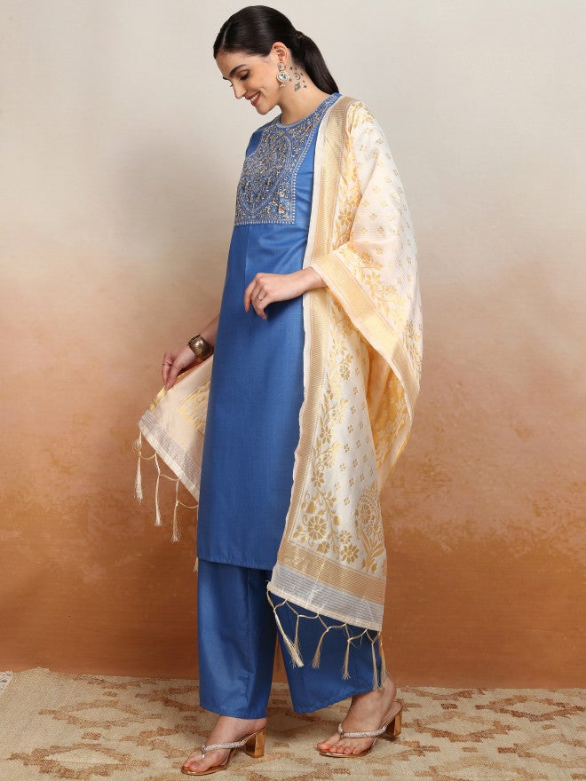 Vishudh Women Blue Embroidered Kurta With Palazzo And Dupatta - Blue - Image 2