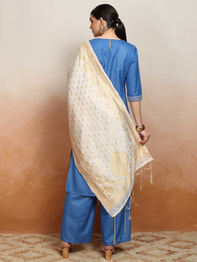 Vishudh Women Blue Embroidered Kurta With Palazzo And Dupatta - Blue - Image 3