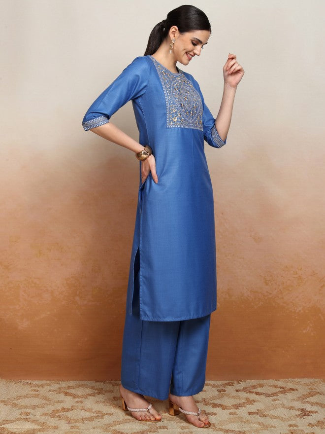 Vishudh Women Blue Embroidered Kurta With Palazzo And Dupatta - Blue - Image 4
