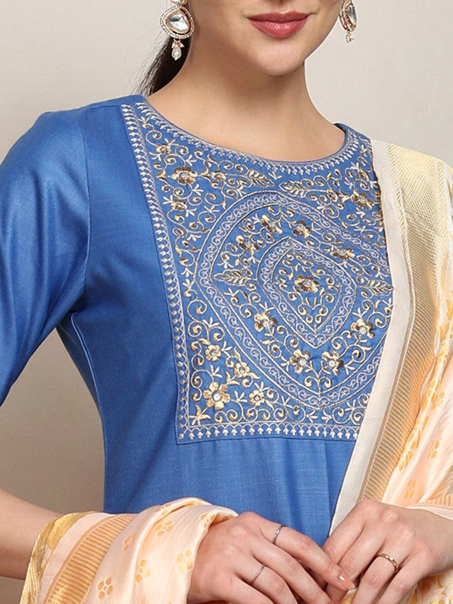 Vishudh Women Blue Embroidered Kurta With Palazzo And Dupatta - Blue - Image 5