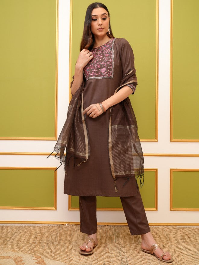 Vishudh Women Taupe Printed Kurta With Trouser And Dupatta - Taupe - Image 1