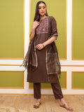 Vishudh Women Taupe Printed Kurta With Trouser And Dupatta - Taupe - Image 1