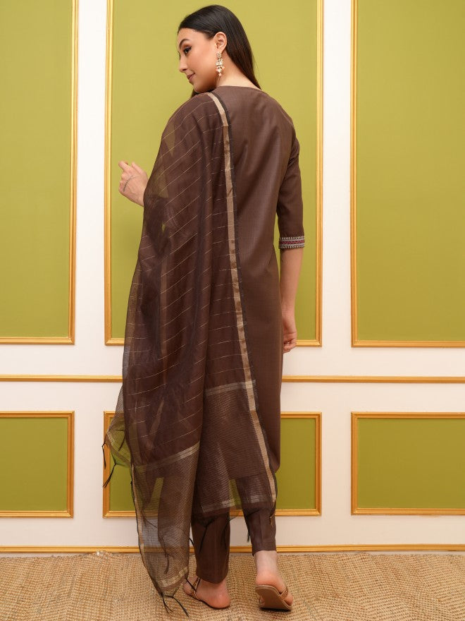 Vishudh Women Taupe Printed Kurta With Trouser And Dupatta - Taupe - Image 3