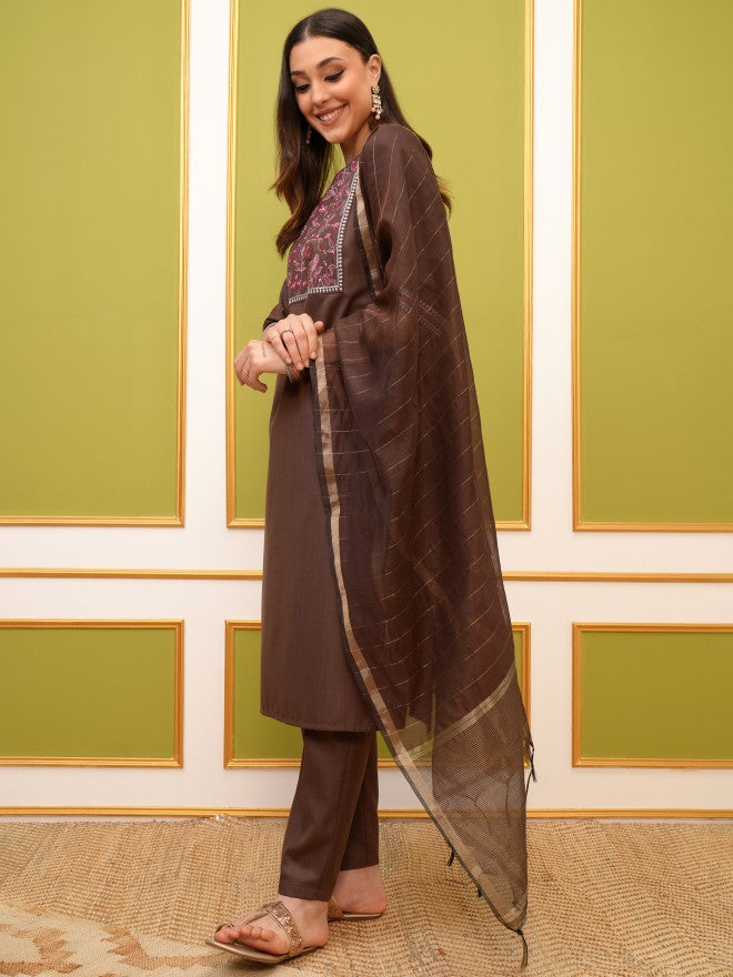 Vishudh Women Taupe Printed Kurta With Trouser And Dupatta - Taupe - Image 4