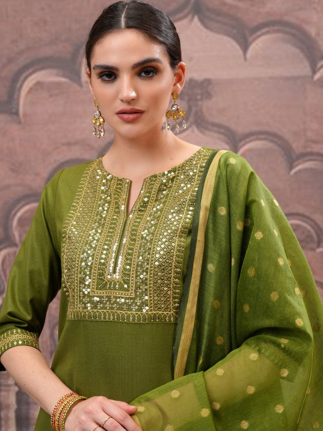 Vishudh Women Olive Embroidered Kurta With Palazzo And Dupatta - Olive - Image 2