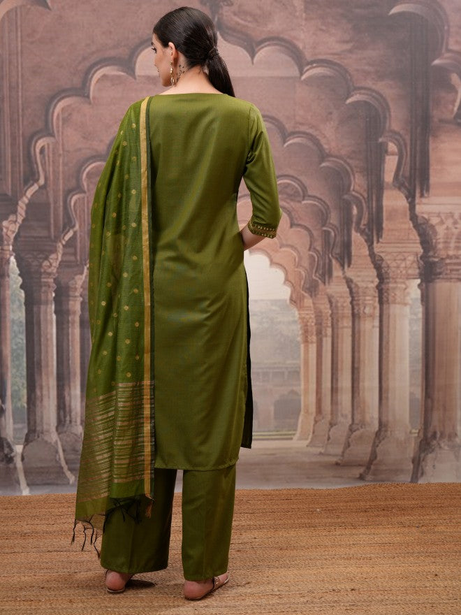Vishudh Women Olive Embroidered Kurta With Palazzo And Dupatta - Olive - Image 3