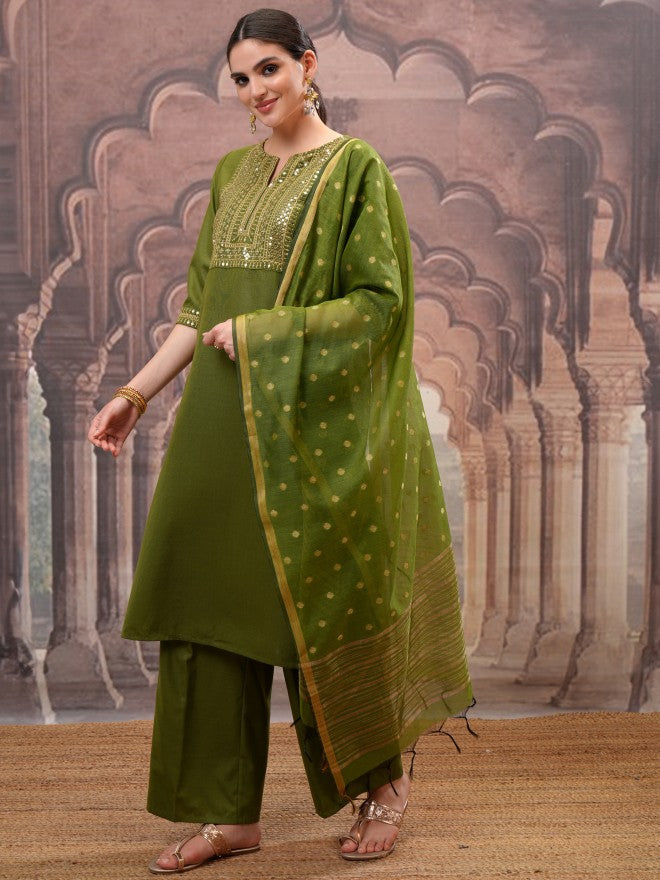 Vishudh Women Olive Embroidered Kurta With Palazzo And Dupatta - Olive - Image 4