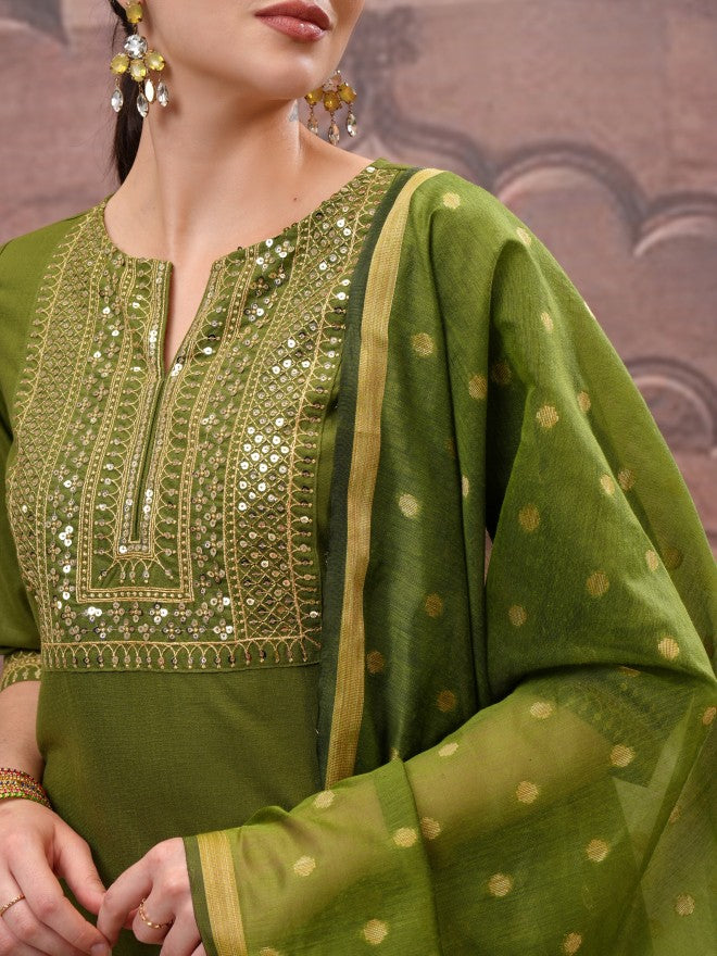 Vishudh Women Olive Embroidered Kurta With Palazzo And Dupatta - Olive - Image 5