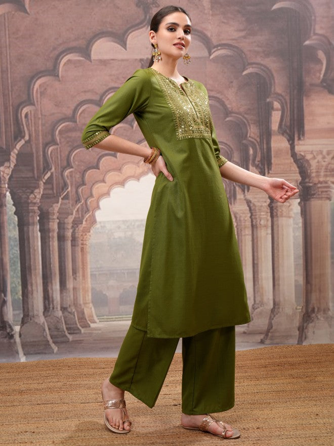 Vishudh Women Olive Embroidered Kurta With Palazzo And Dupatta - Olive - Image 6