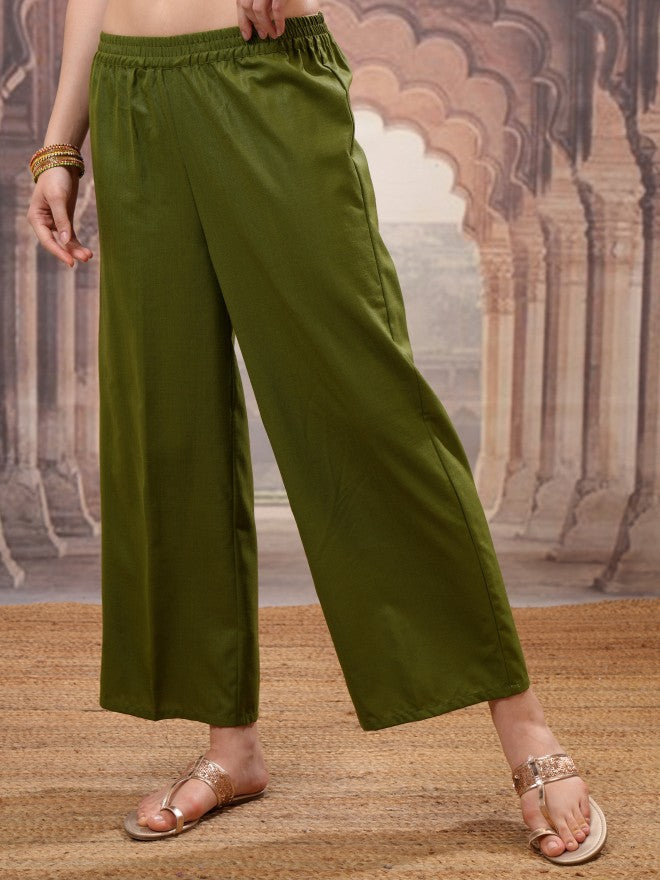Vishudh Women Olive Embroidered Kurta With Palazzo And Dupatta - Olive - Image 8