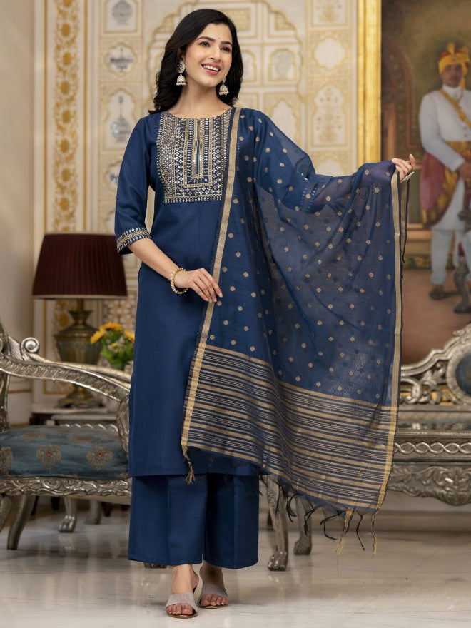 Vishudh Women Teal Embroidered Kurta With Palazzo And Dupatta - Teal - Image 1