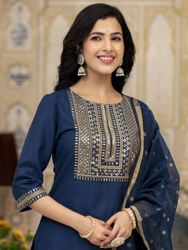 Vishudh Women Teal Embroidered Kurta With Palazzo And Dupatta - Teal - Image 2