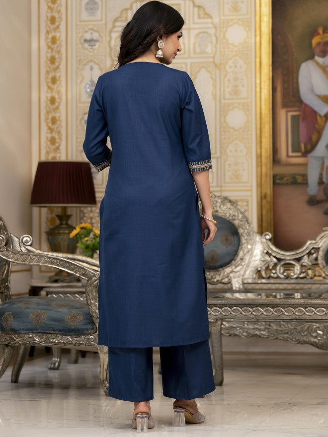 Vishudh Women Teal Embroidered Kurta With Palazzo And Dupatta - Teal - Image 3
