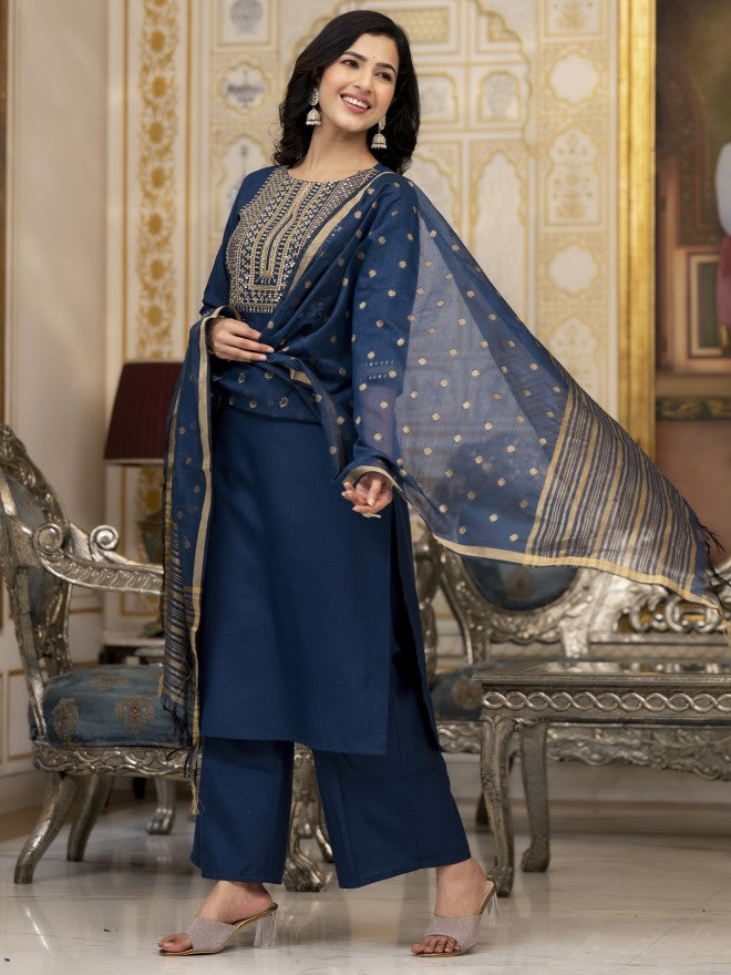 Vishudh Women Teal Embroidered Kurta With Palazzo And Dupatta - Teal - Image 4