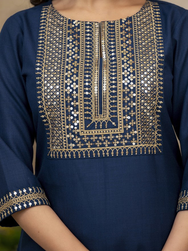 Vishudh Women Teal Embroidered Kurta With Palazzo And Dupatta - Teal - Image 5