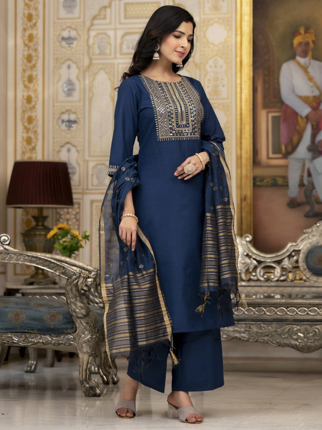 Vishudh Women Teal Embroidered Kurta With Palazzo And Dupatta - Teal - Image 6