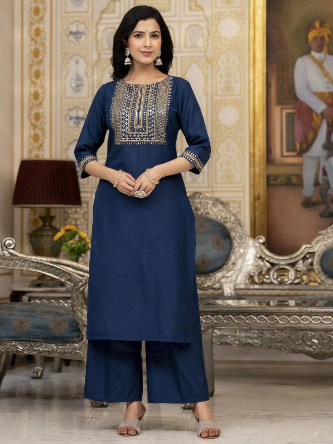 Vishudh Women Teal Embroidered Kurta With Palazzo And Dupatta - Teal - Image 8