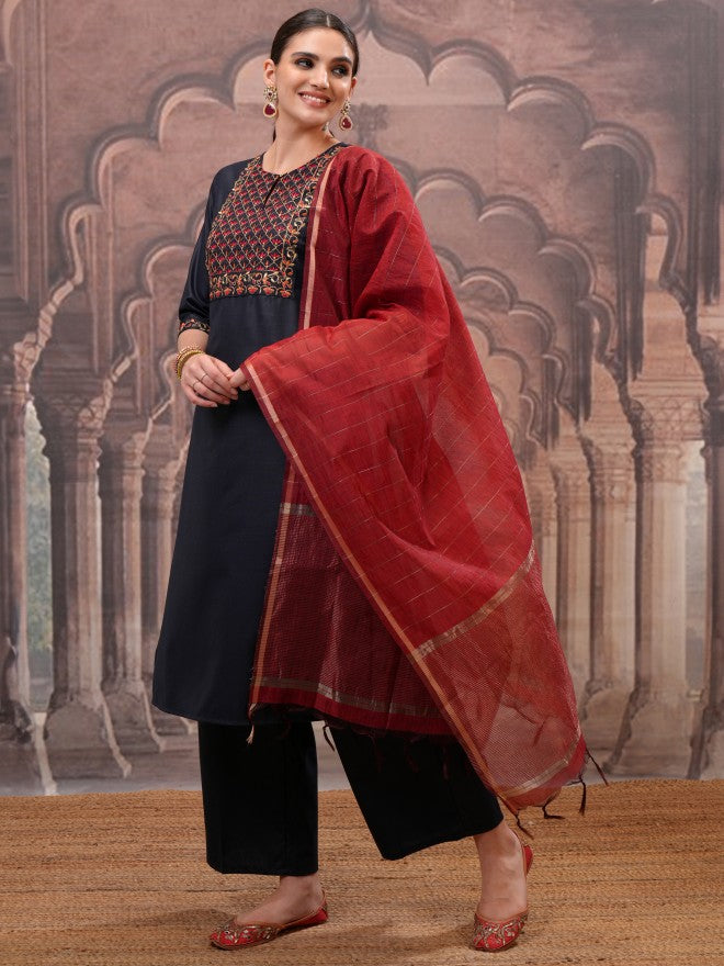 Vishudh Women Navy Blue Embroidered Kurta With Palazzo And Dupatta - Navy Blue - Image 4